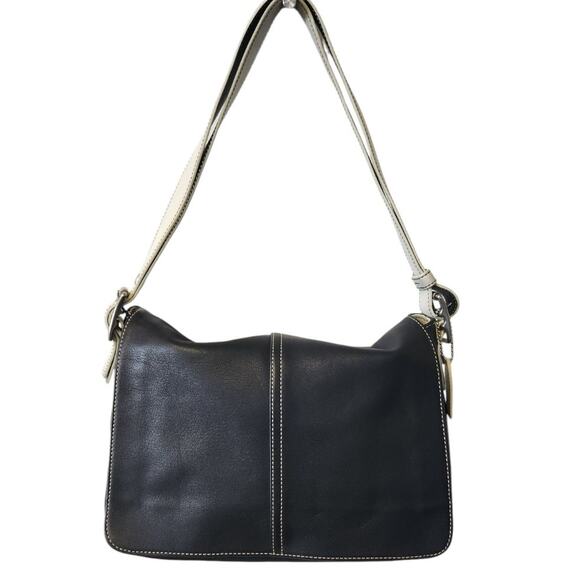 Coach Vintage J043 Navy Blue & White Leather Hampton Legacy Flap Shoulder Purse - Picture 1 of 10